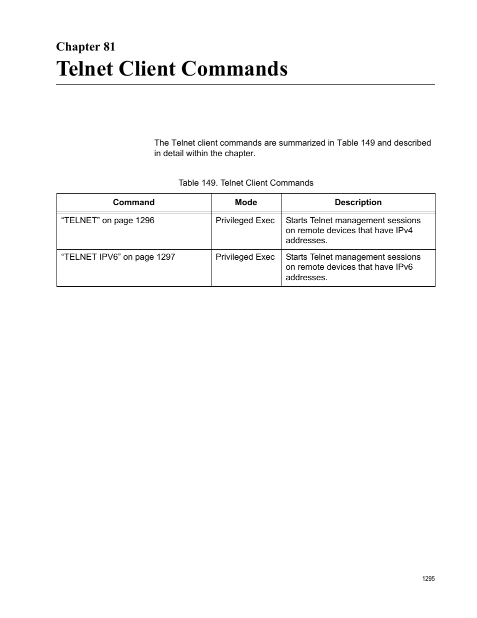 Chapter 81, Telnet client commands, Chapter 81: telnet client commands | Table 149. telnet client commands 5 | Allied Telesis AT-9000 Series User Manual | Page 1323 / 1480