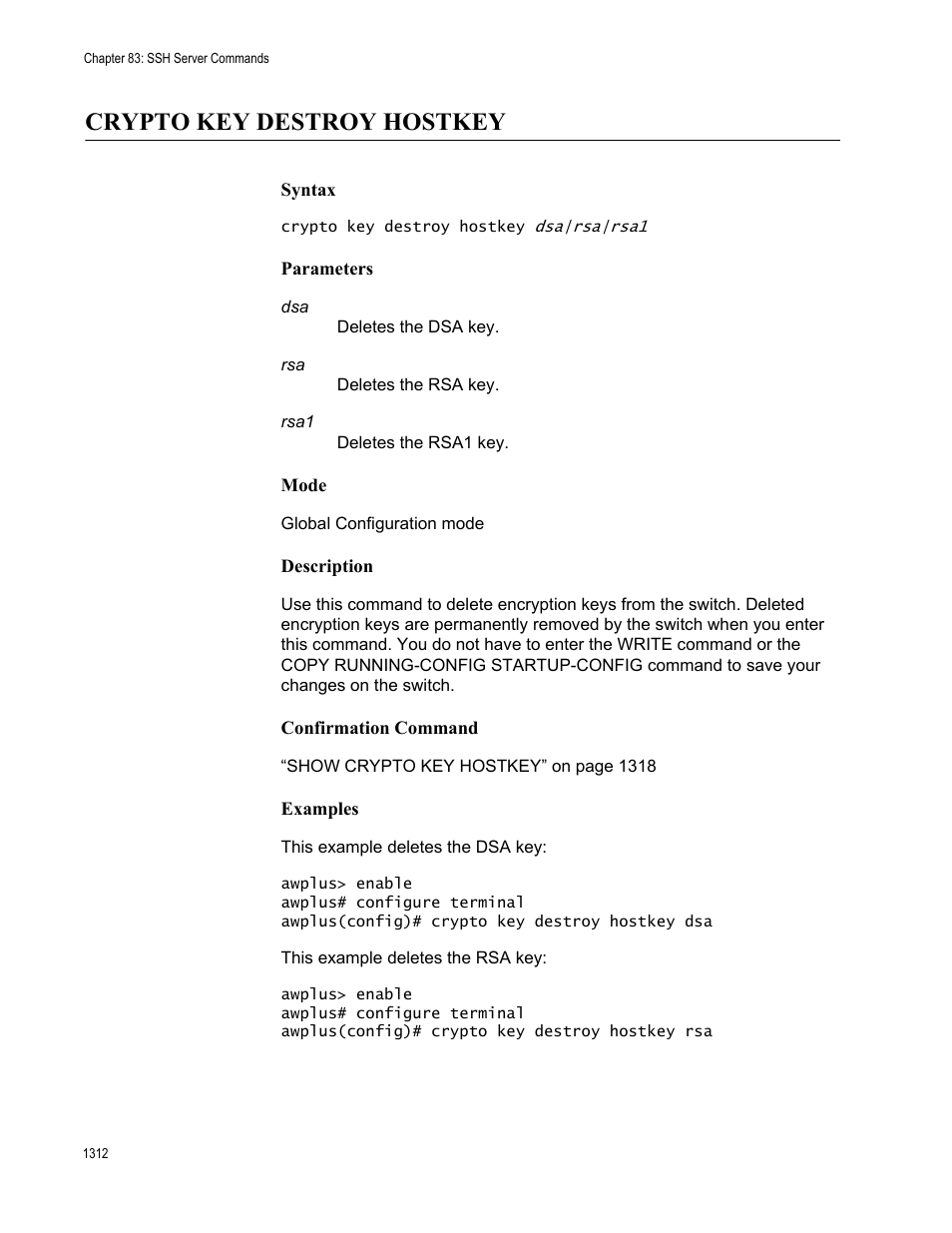 Crypto key destroy hostkey, Crypto key destroy hostkey 2 | Allied Telesis AT-9000 Series User Manual | Page 1340 / 1480