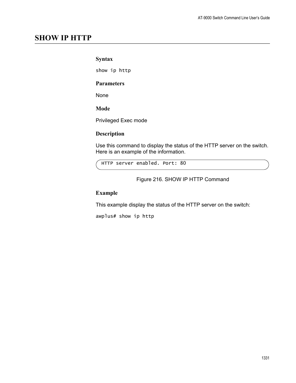 Show ip http, Show ip http 1, Figure 216: show ip http command 1 | Allied Telesis AT-9000 Series User Manual | Page 1359 / 1480