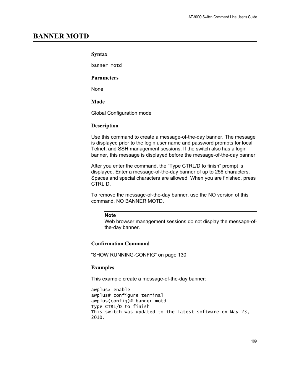 Banner motd | Allied Telesis AT-9000 Series User Manual | Page 137 / 1480