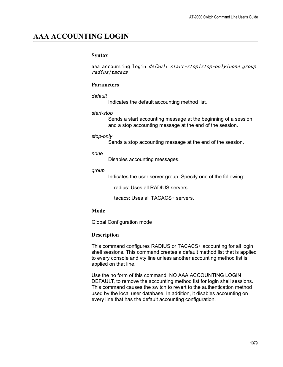 Aaa accounting login, Aaa accounting login 9 | Allied Telesis AT-9000 Series User Manual | Page 1407 / 1480