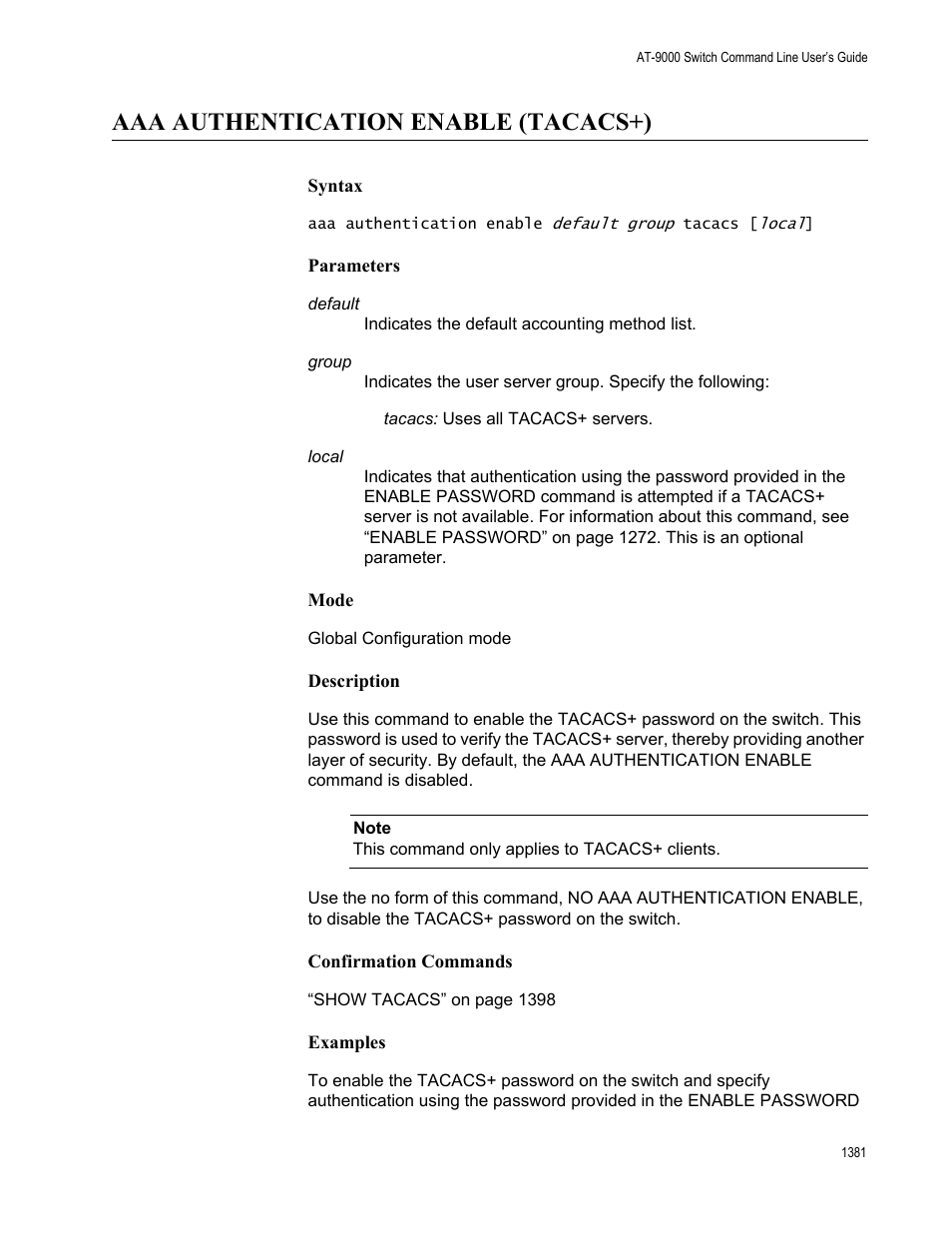 Aaa authentication enable (tacacs+), Aaa authentication enable (tacacs+) 1 | Allied Telesis AT-9000 Series User Manual | Page 1409 / 1480