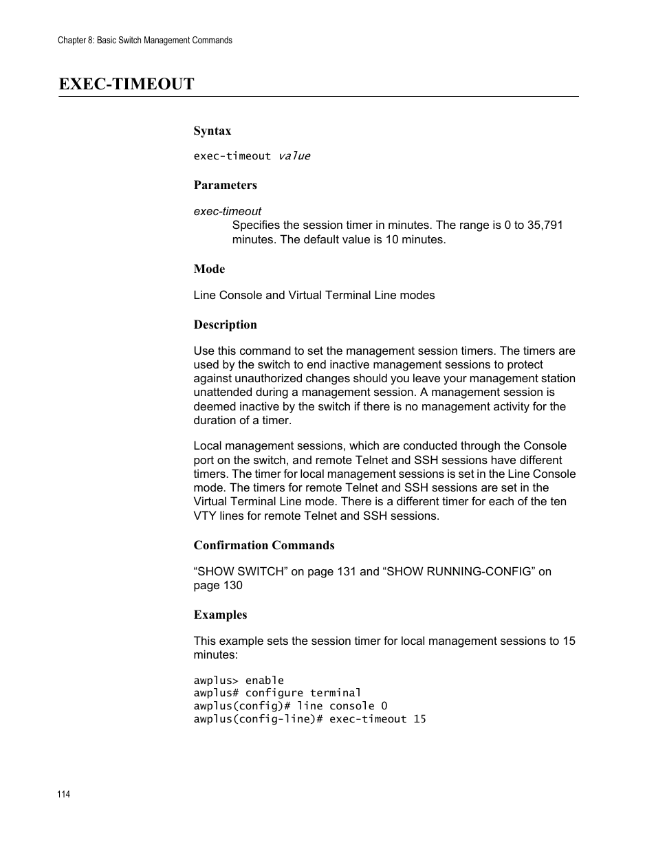 Exec-timeout | Allied Telesis AT-9000 Series User Manual | Page 142 / 1480