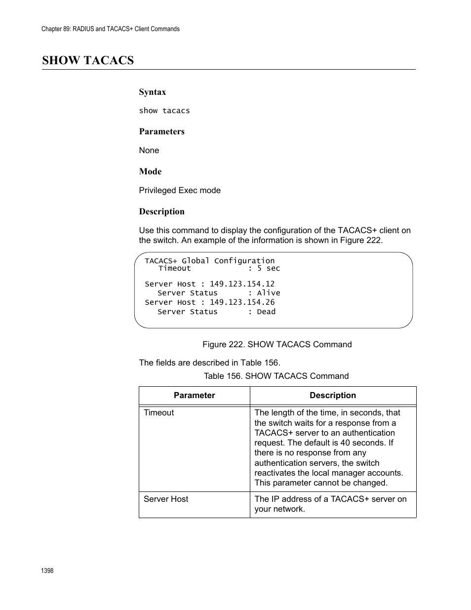 Show tacacs, Show tacacs 8, Show tacacs command 8 | Table 156. show tacacs command 8 | Allied Telesis AT-9000 Series User Manual | Page 1426 / 1480