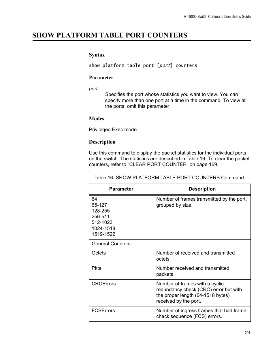 Show platform table port counters | Allied Telesis AT-9000 Series User Manual | Page 229 / 1480