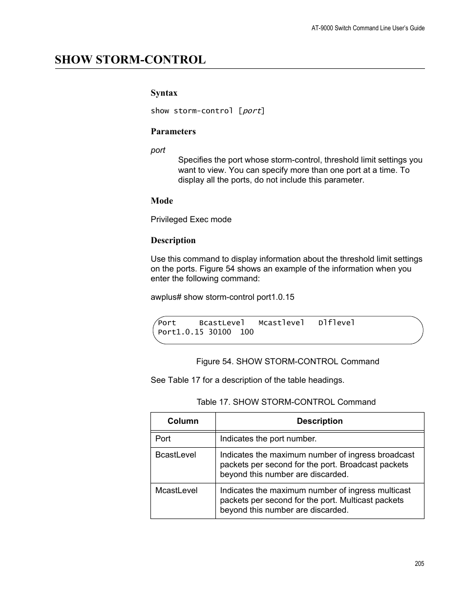 Show storm-control, Figure 54: show storm-control command, Table 17. show storm-control command | Allied Telesis AT-9000 Series User Manual | Page 233 / 1480