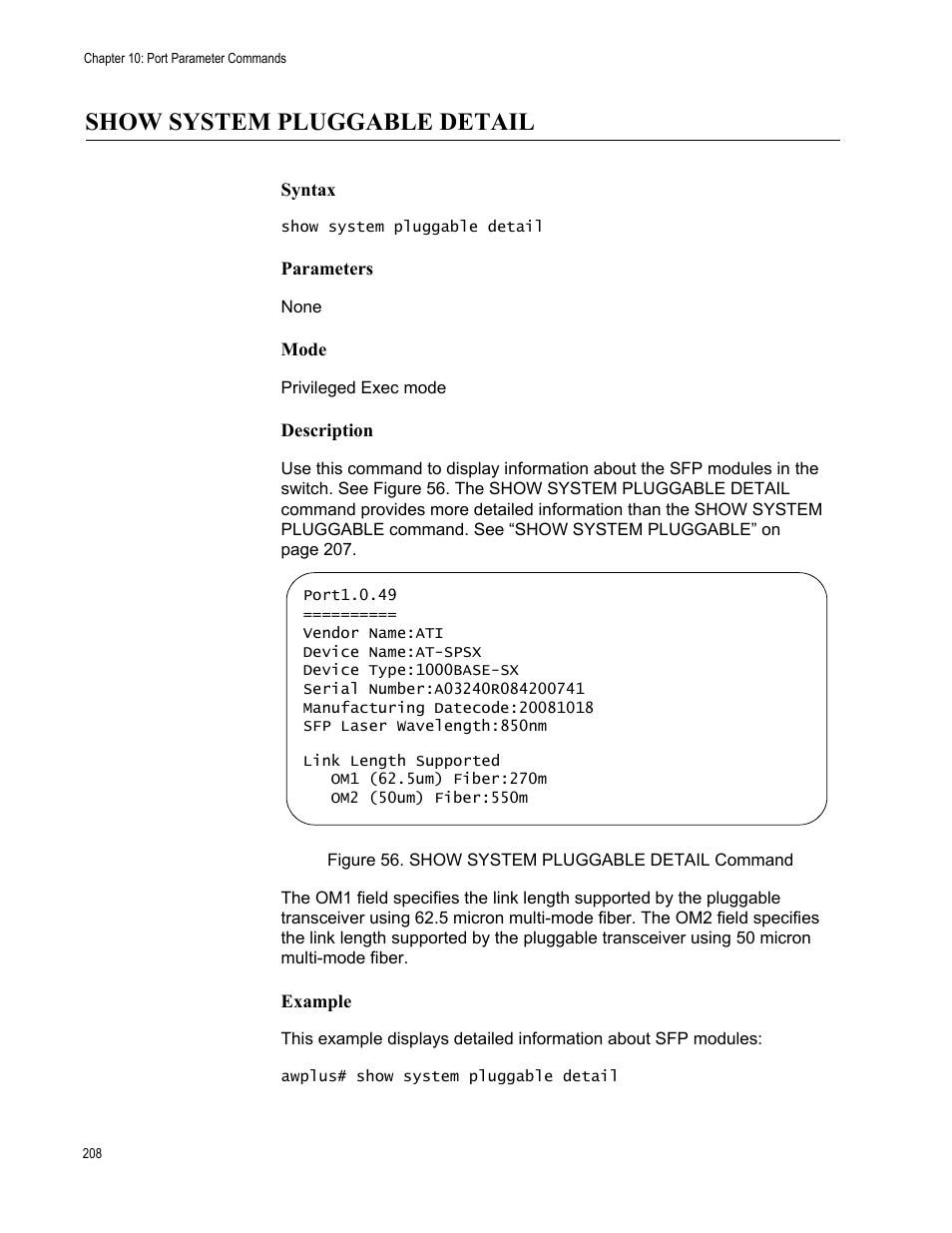 Show system pluggable detail, Figure 56: show system pluggable detail command | Allied Telesis AT-9000 Series User Manual | Page 236 / 1480