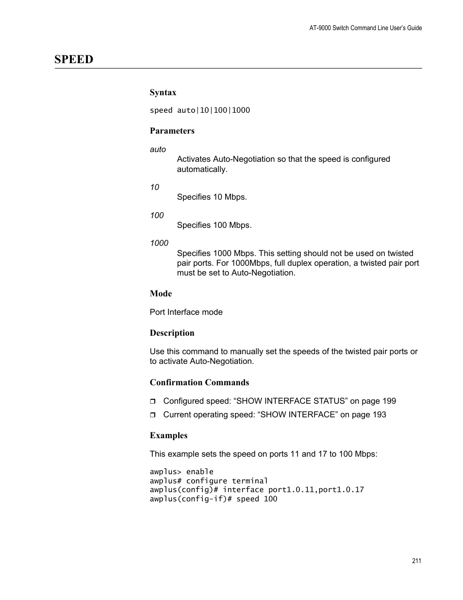 Speed | Allied Telesis AT-9000 Series User Manual | Page 239 / 1480