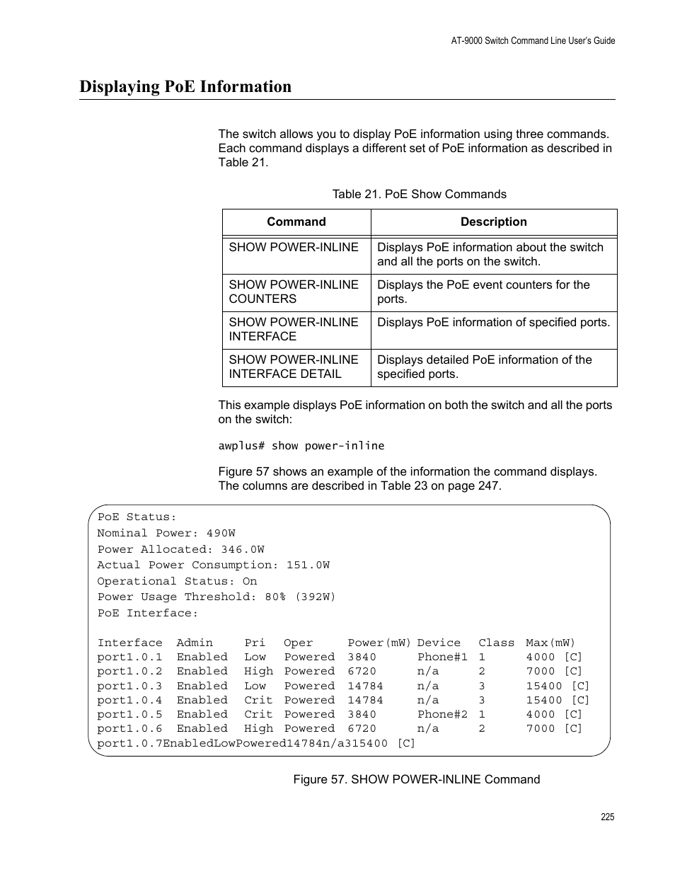 Displaying poe information, Figure 57: show power-inline command, Table 21. poe show commands | Allied Telesis AT-9000 Series User Manual | Page 253 / 1480