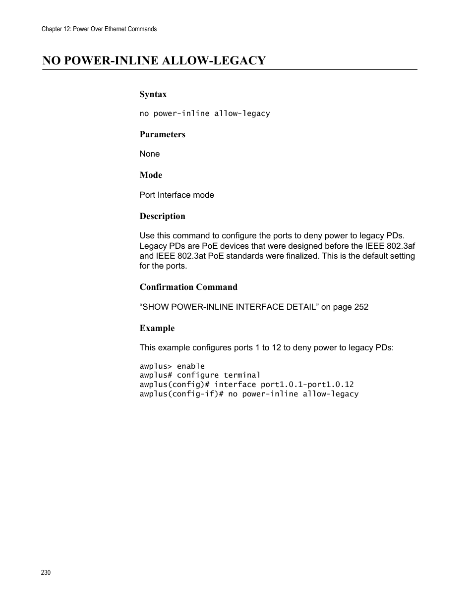 No power-inline allow-legacy | Allied Telesis AT-9000 Series User Manual | Page 258 / 1480