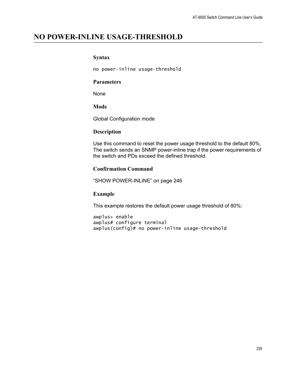 No power-inline usage-threshold | Allied Telesis AT-9000 Series User Manual | Page 263 / 1480