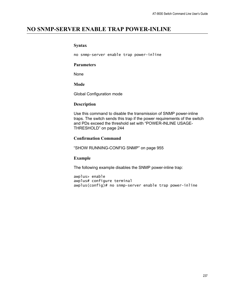 No snmp-server enable trap power-inline | Allied Telesis AT-9000 Series User Manual | Page 265 / 1480