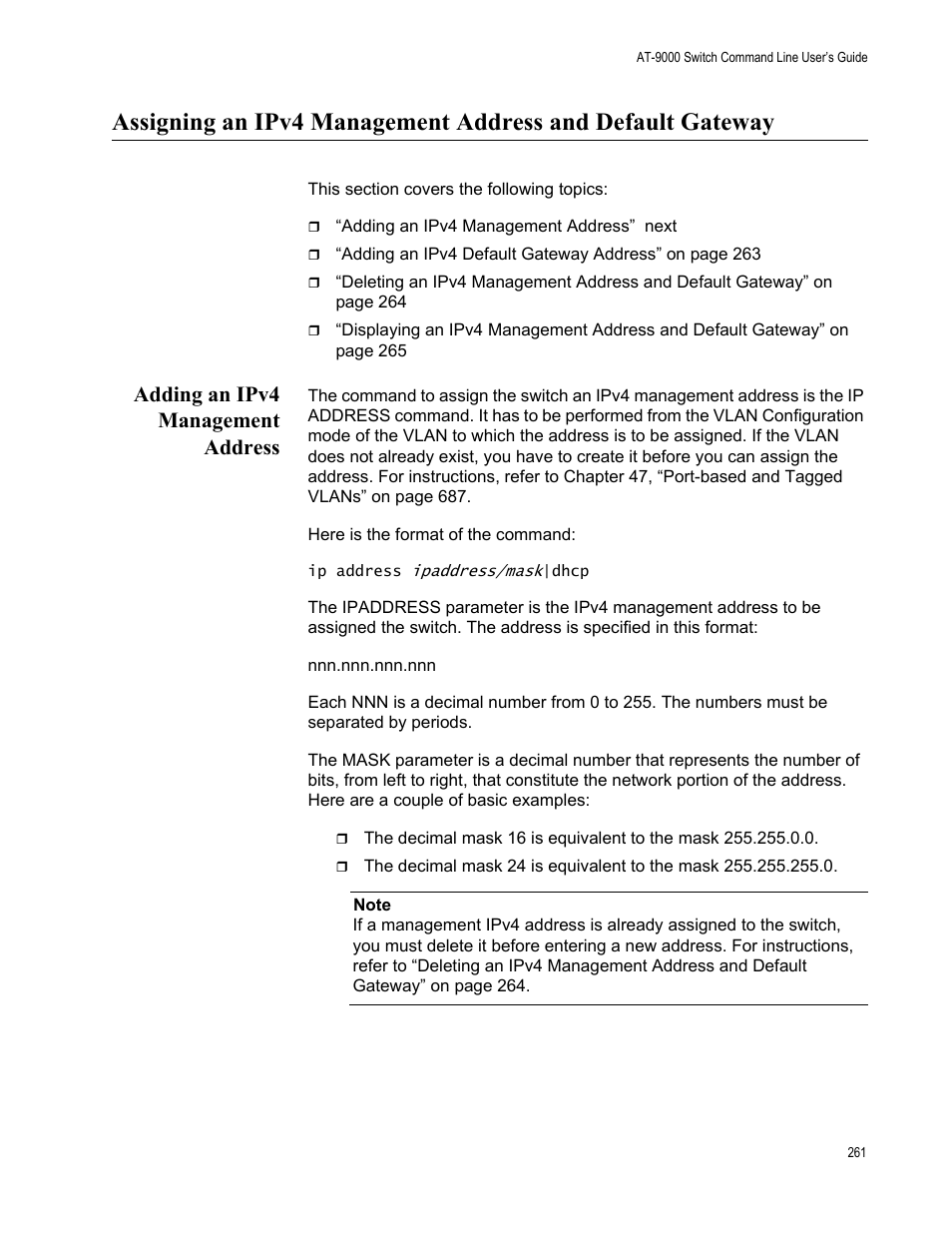 Adding an ipv4 management address | Allied Telesis AT-9000 Series User Manual | Page 289 / 1480