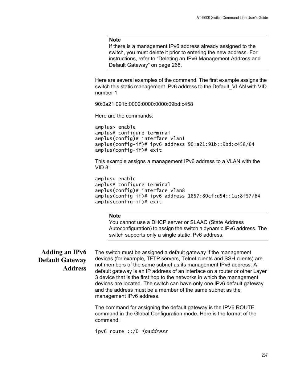 Adding an ipv6 default gateway address | Allied Telesis AT-9000 Series User Manual | Page 295 / 1480