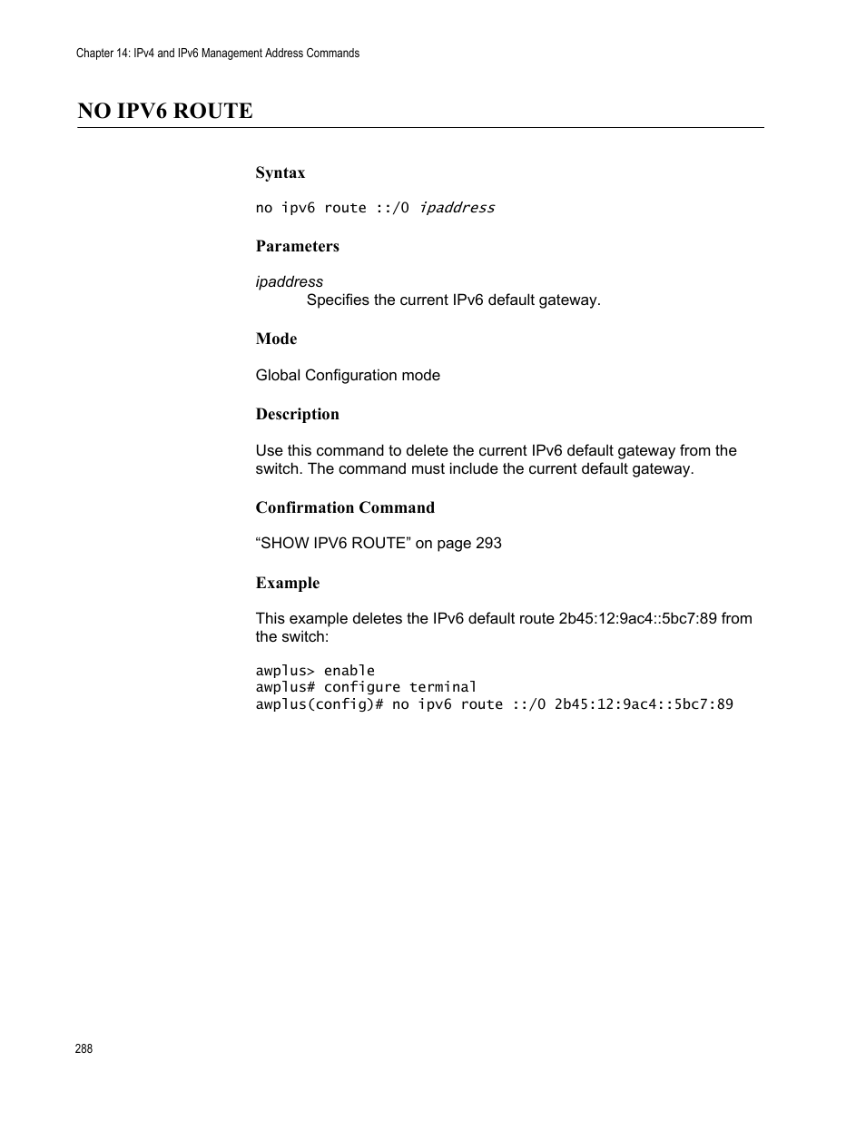 No ipv6 route | Allied Telesis AT-9000 Series User Manual | Page 316 / 1480