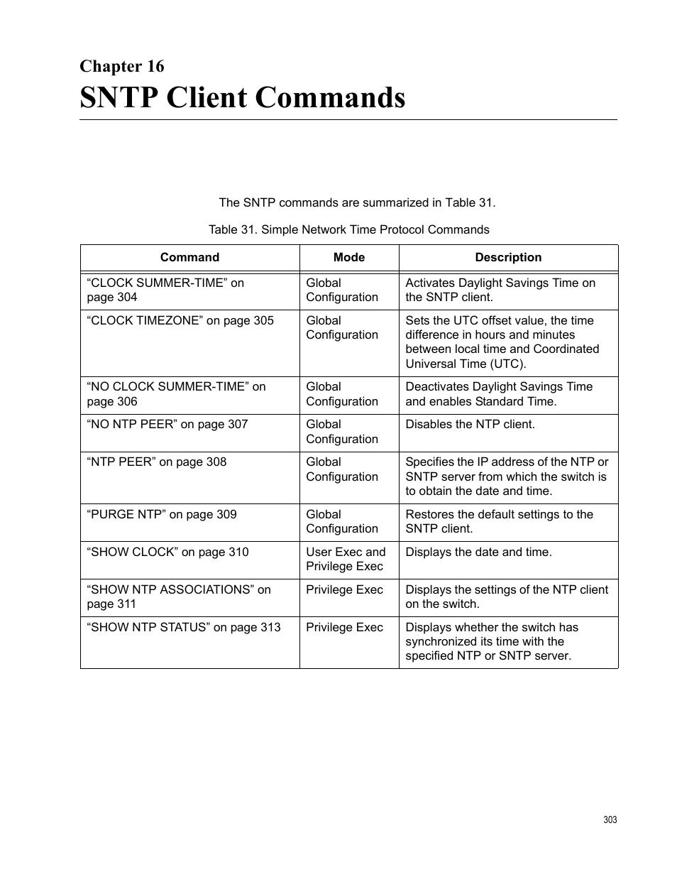 Chapter 16, Sntp client commands, Chapter 16: sntp client commands | Table 31. simple network time protocol commands | Allied Telesis AT-9000 Series User Manual | Page 331 / 1480