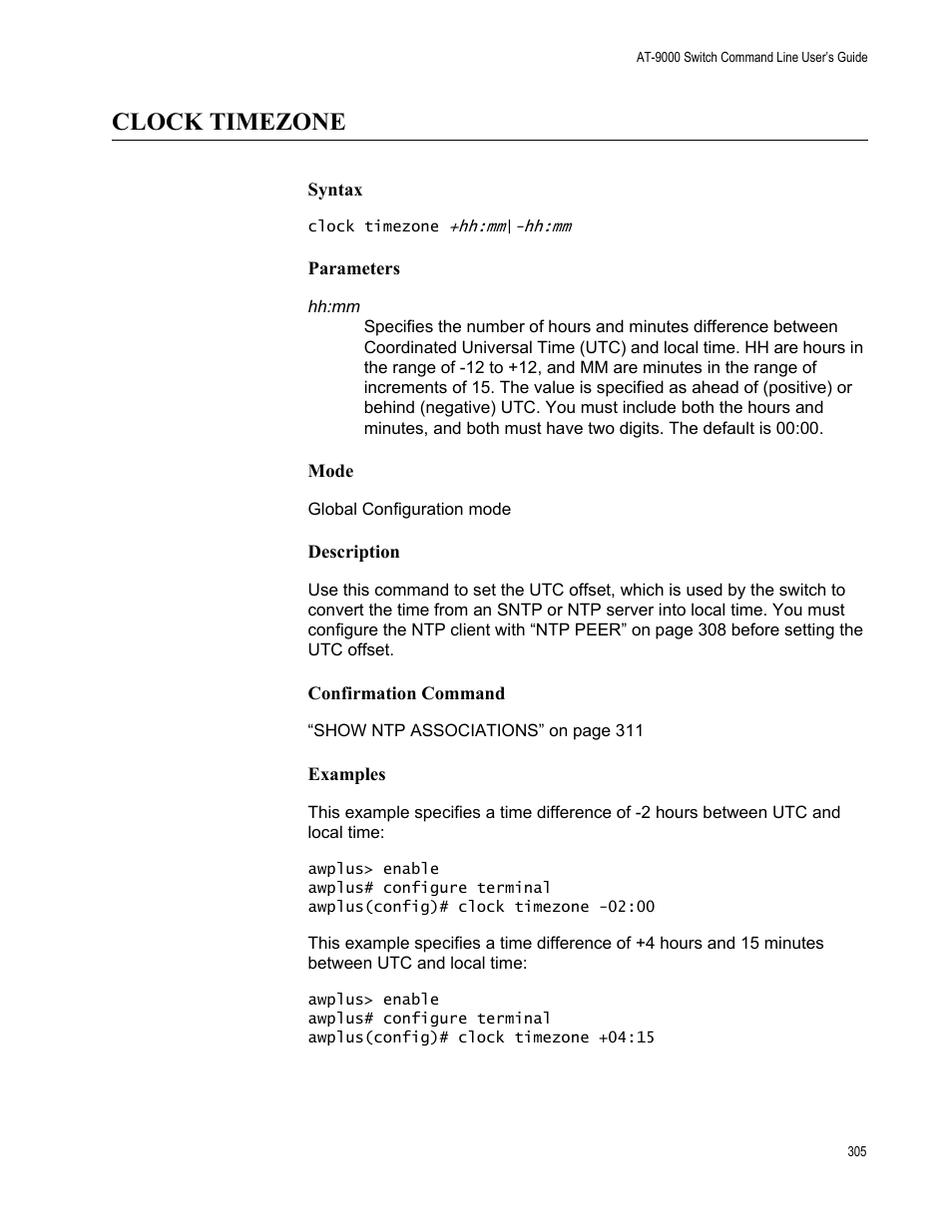 Clock timezone | Allied Telesis AT-9000 Series User Manual | Page 333 / 1480