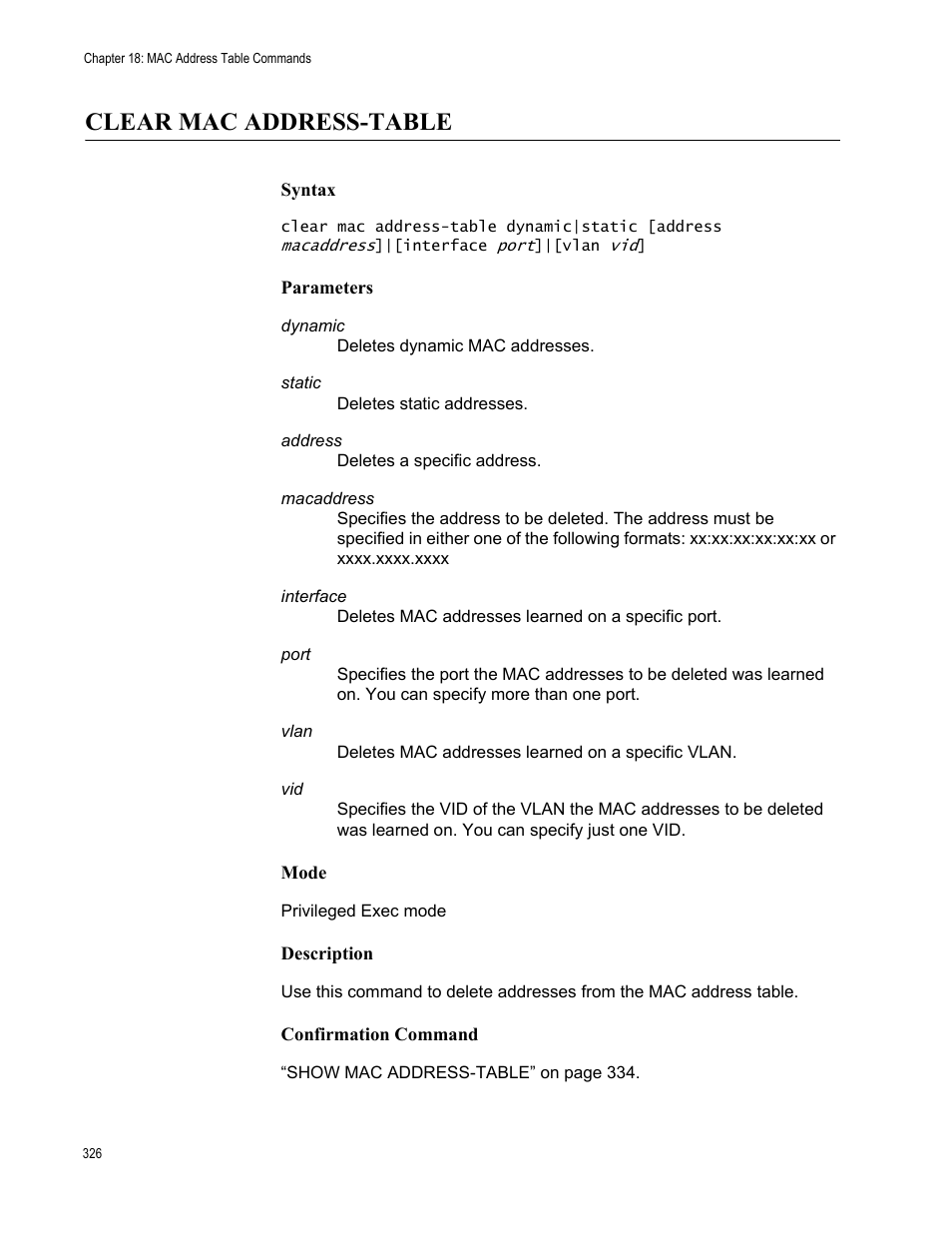 Clear mac address-table | Allied Telesis AT-9000 Series User Manual | Page 354 / 1480