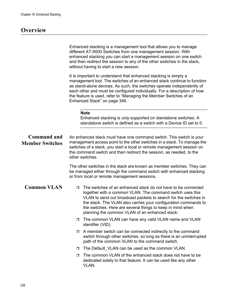 Overview, Command and member switches, Common vlan | Command and member switches common vlan | Allied Telesis AT-9000 Series User Manual | Page 366 / 1480