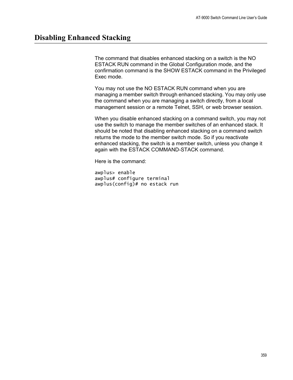 Disabling enhanced stacking | Allied Telesis AT-9000 Series User Manual | Page 387 / 1480