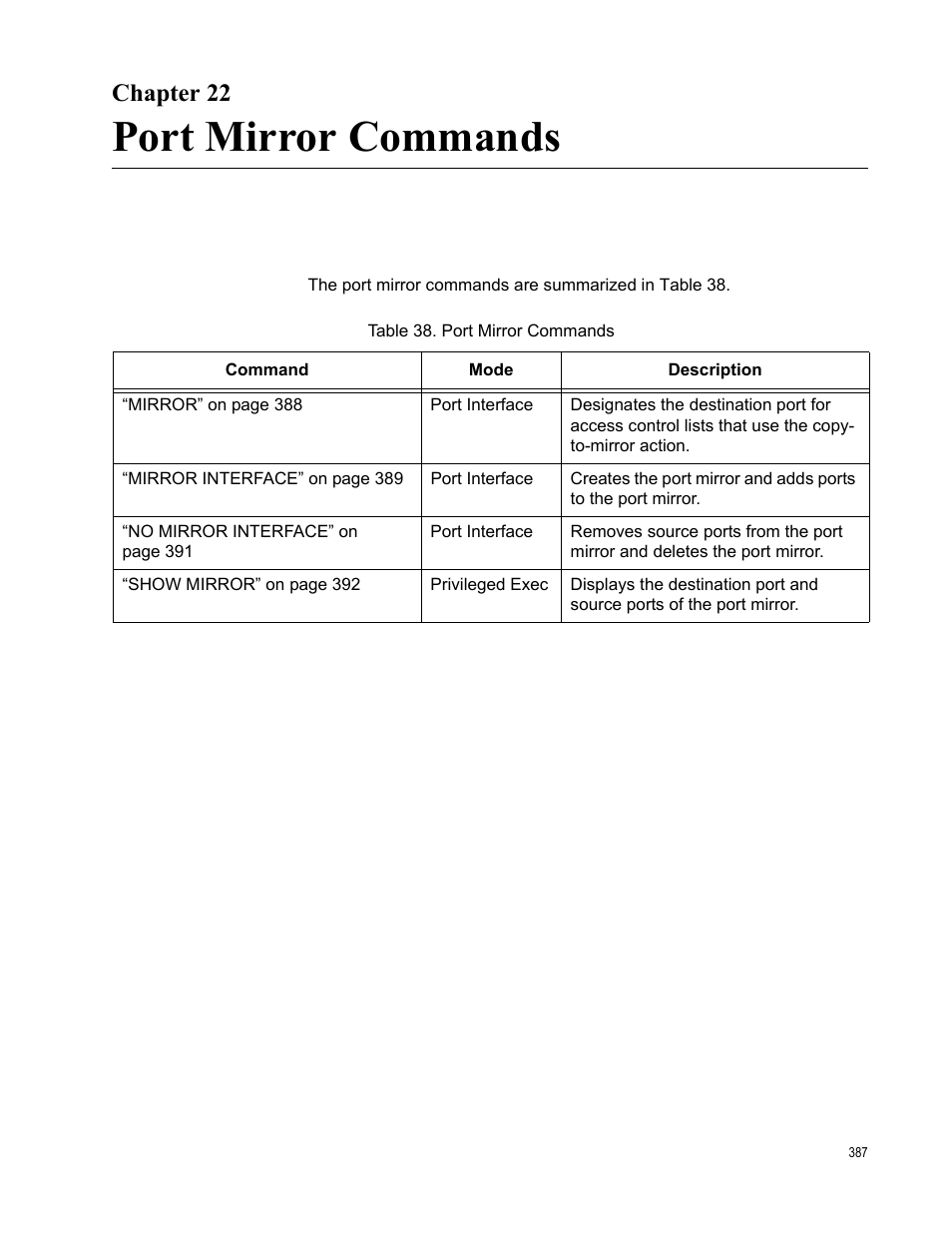 Chapter 22, Port mirror commands, Chapter 22: port mirror commands | Table 38. port mirror commands | Allied Telesis AT-9000 Series User Manual | Page 415 / 1480