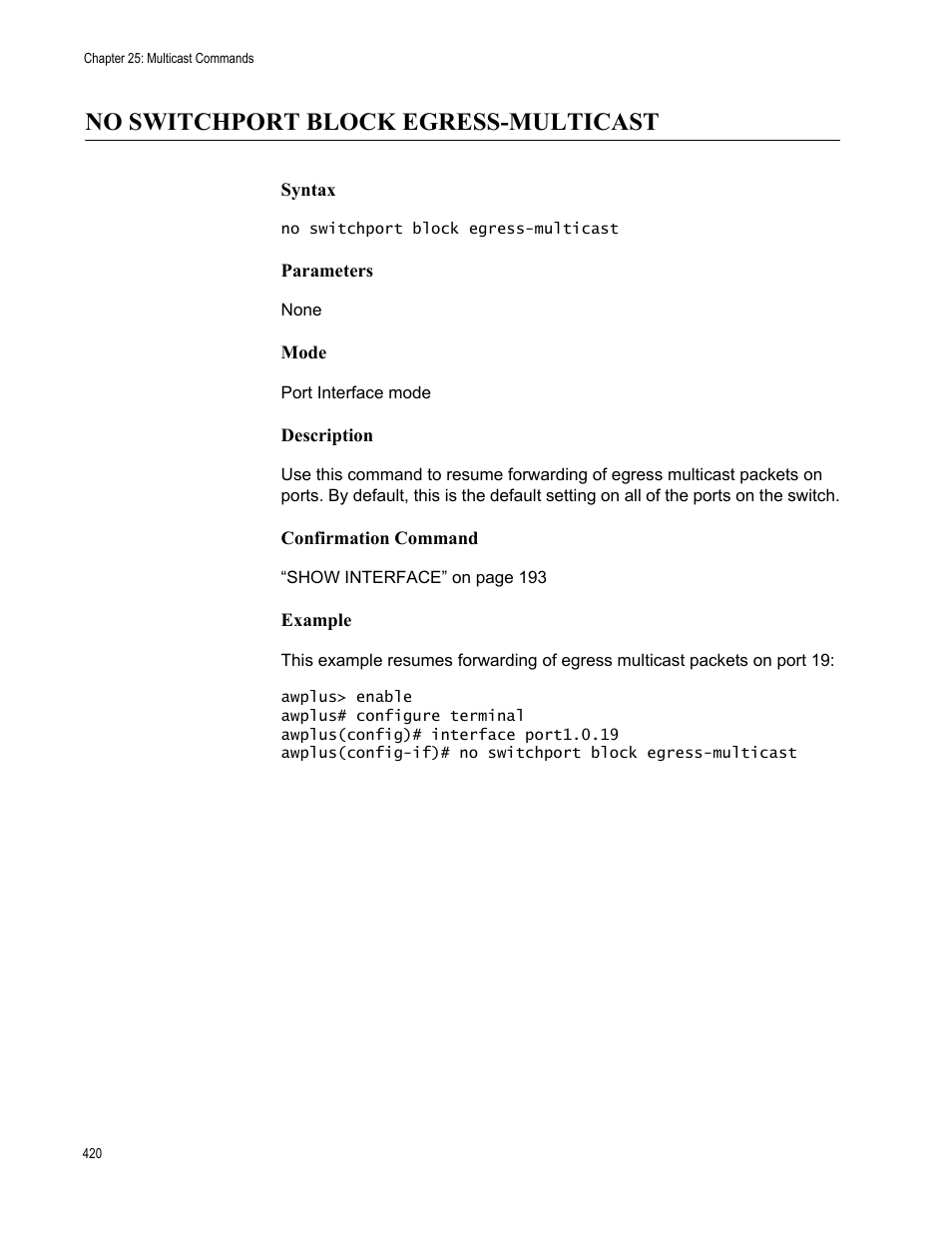 No switchport block egress-multicast | Allied Telesis AT-9000 Series User Manual | Page 448 / 1480