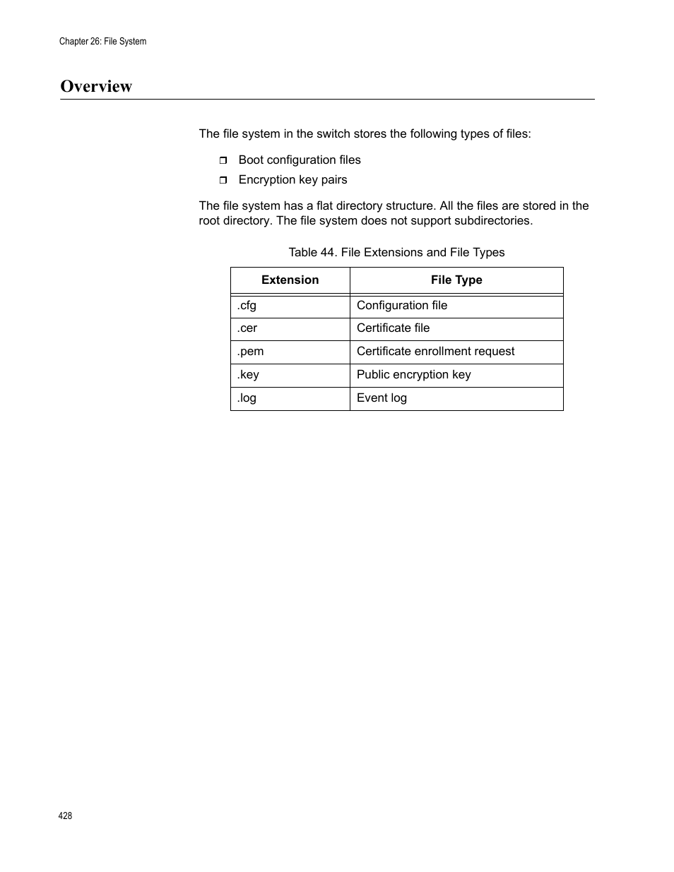 Overview, Table 44. file extensions and file types | Allied Telesis AT-9000 Series User Manual | Page 456 / 1480