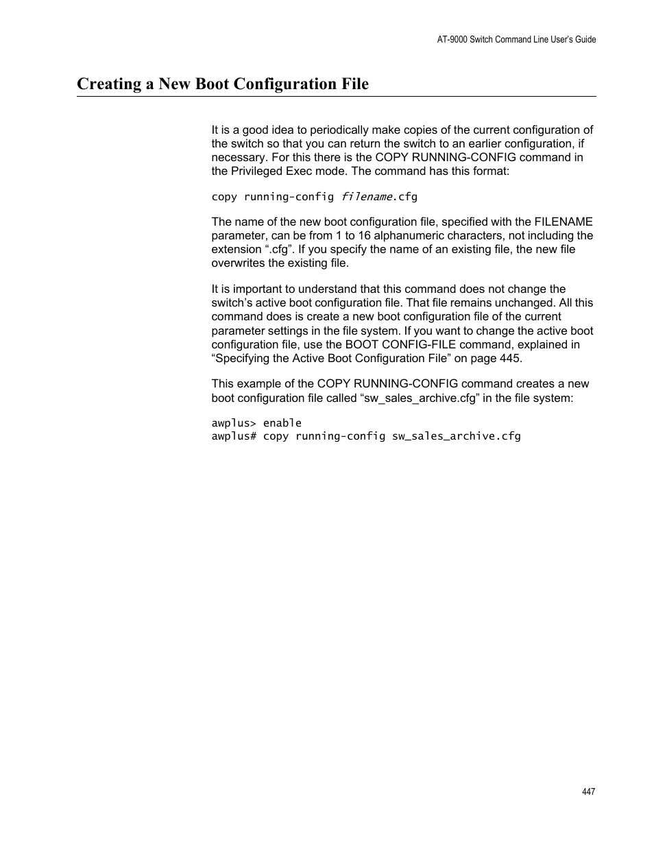Creating a new boot configuration file | Allied Telesis AT-9000 Series User Manual | Page 475 / 1480