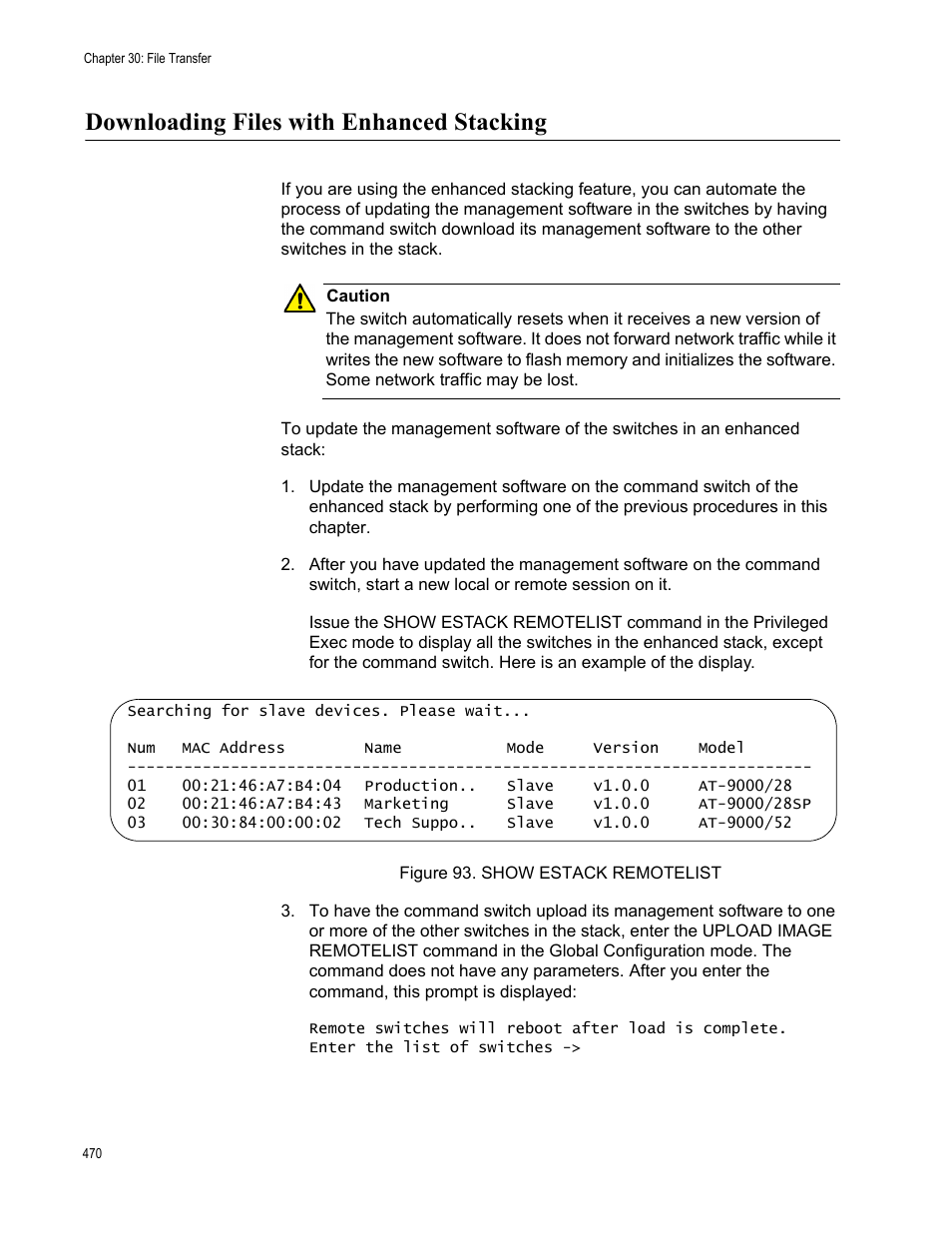 Downloading files with enhanced stacking, Figure 93: show estack remotelist | Allied Telesis AT-9000 Series User Manual | Page 498 / 1480