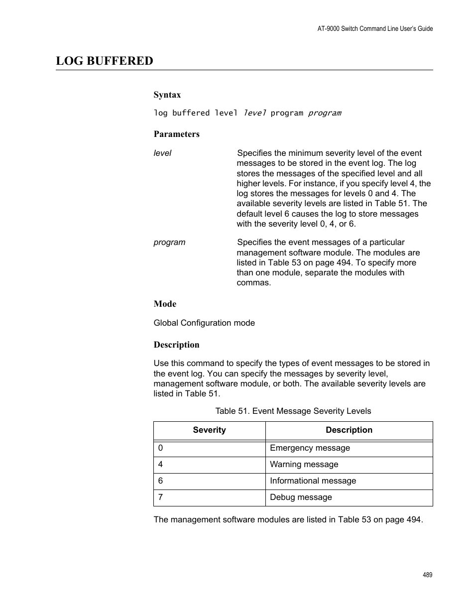 Log buffered, Table 51. event message severity levels | Allied Telesis AT-9000 Series User Manual | Page 517 / 1480