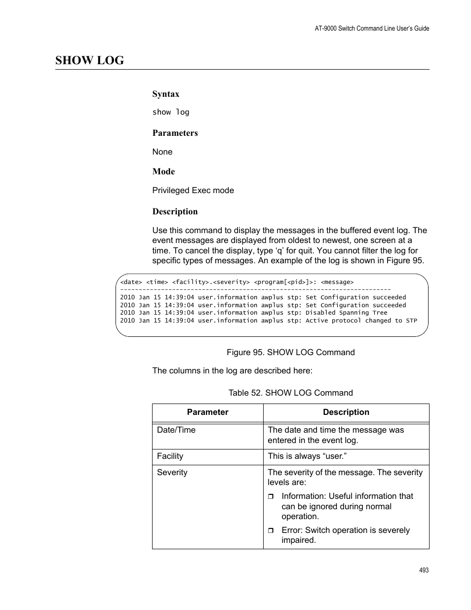 Show log, Figure 95: show log command, Table 52. show log command | Allied Telesis AT-9000 Series User Manual | Page 521 / 1480