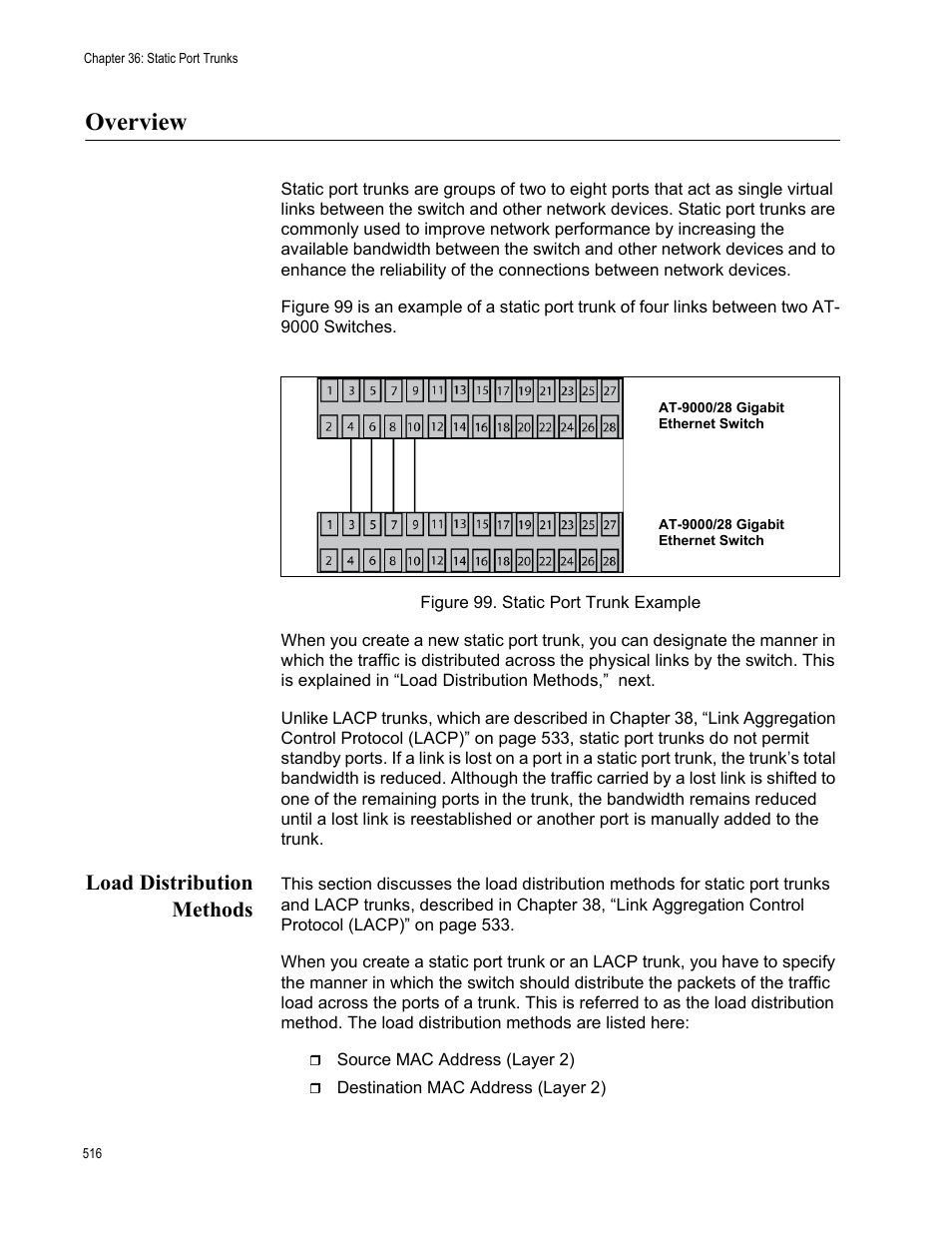 Overview, Load distribution methods, Figure 99: static port trunk example | Allied Telesis AT-9000 Series User Manual | Page 544 / 1480