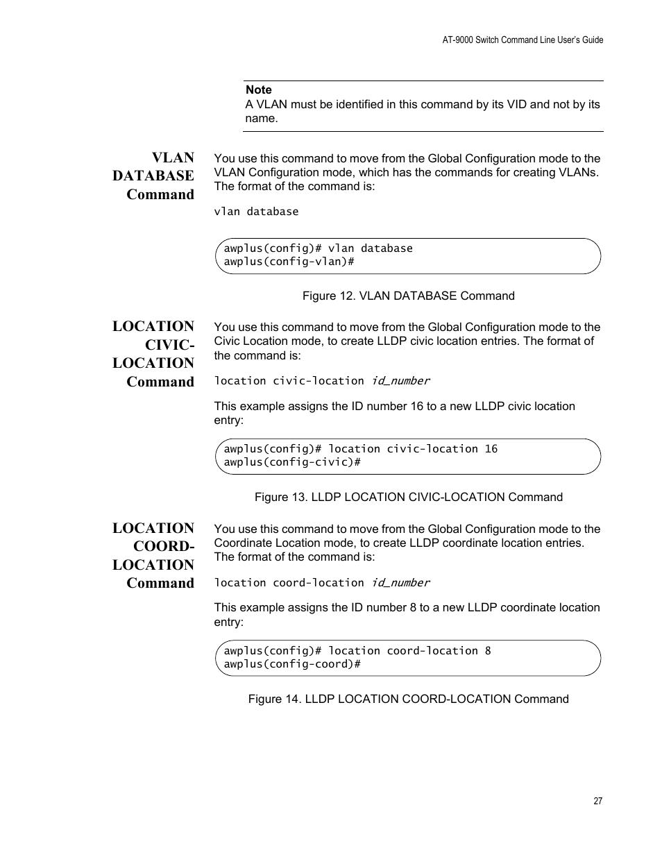 Vlan database command, Location civic- location command, Location coord- location command | Allied Telesis AT-9000 Series User Manual | Page 55 / 1480