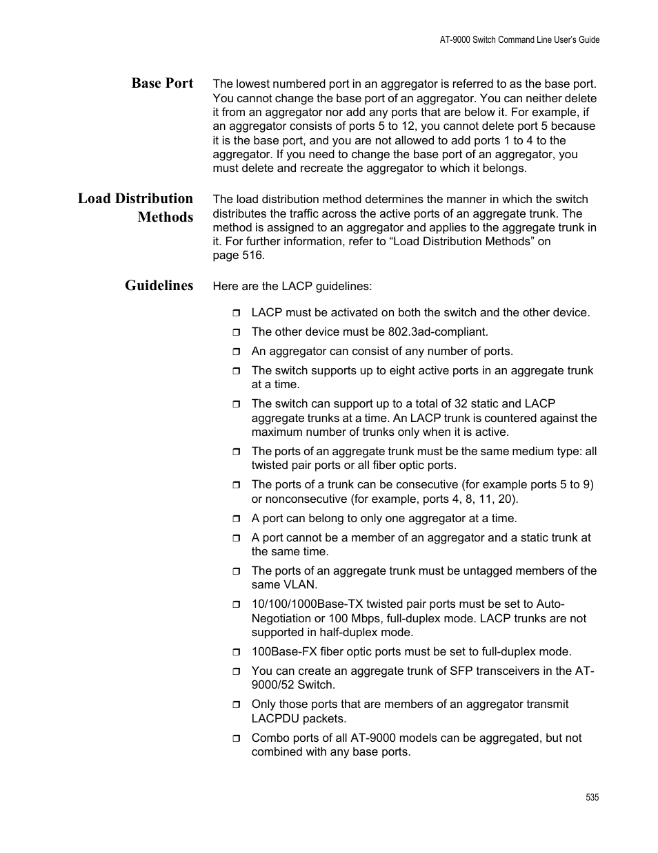 Base port, Load distribution methods, Guidelines | Base port load distribution methods guidelines | Allied Telesis AT-9000 Series User Manual | Page 563 / 1480