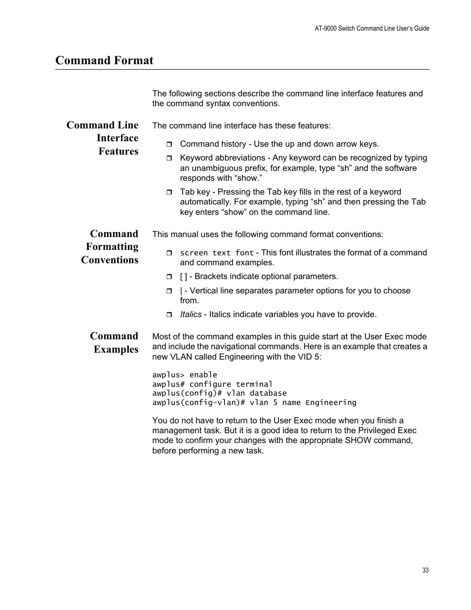 Command format, Command line interface features, Command formatting conventions | Command examples | Allied Telesis AT-9000 Series User Manual | Page 61 / 1480