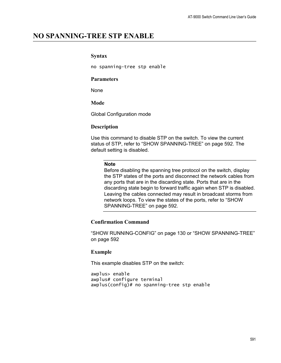 No spanning-tree stp enable | Allied Telesis AT-9000 Series User Manual | Page 619 / 1480