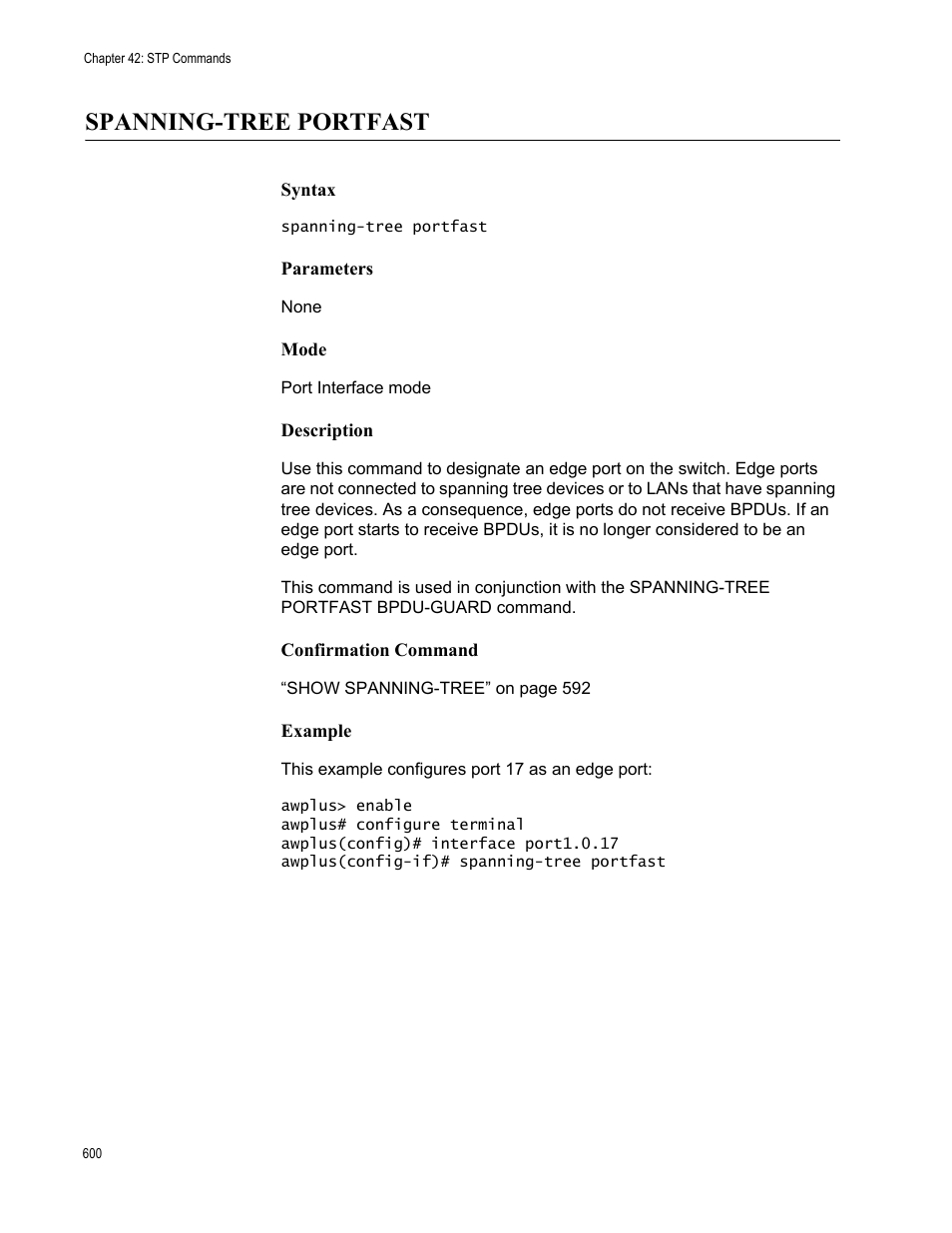 Spanning-tree portfast | Allied Telesis AT-9000 Series User Manual | Page 628 / 1480