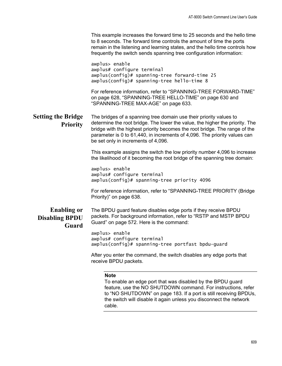 Setting the bridge priority, Enabling or disabling bpdu guard | Allied Telesis AT-9000 Series User Manual | Page 637 / 1480