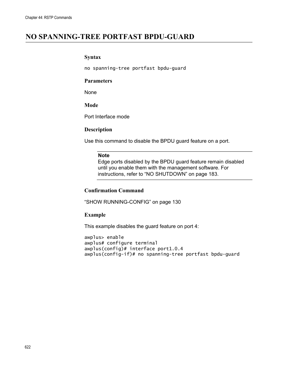 No spanning-tree portfast bpdu-guard | Allied Telesis AT-9000 Series User Manual | Page 650 / 1480