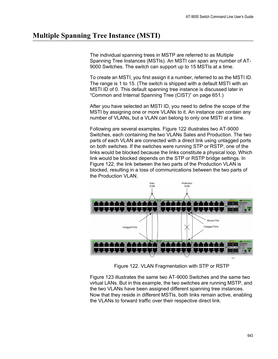 Multiple spanning tree instance (msti), Figure 122: vlan fragmentation with stp or rstp | Allied Telesis AT-9000 Series User Manual | Page 671 / 1480