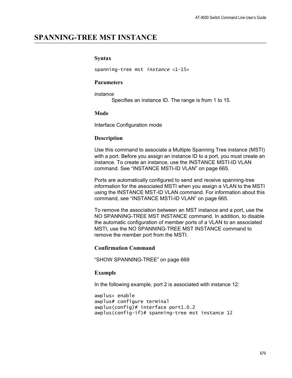 Spanning-tree mst instance | Allied Telesis AT-9000 Series User Manual | Page 707 / 1480