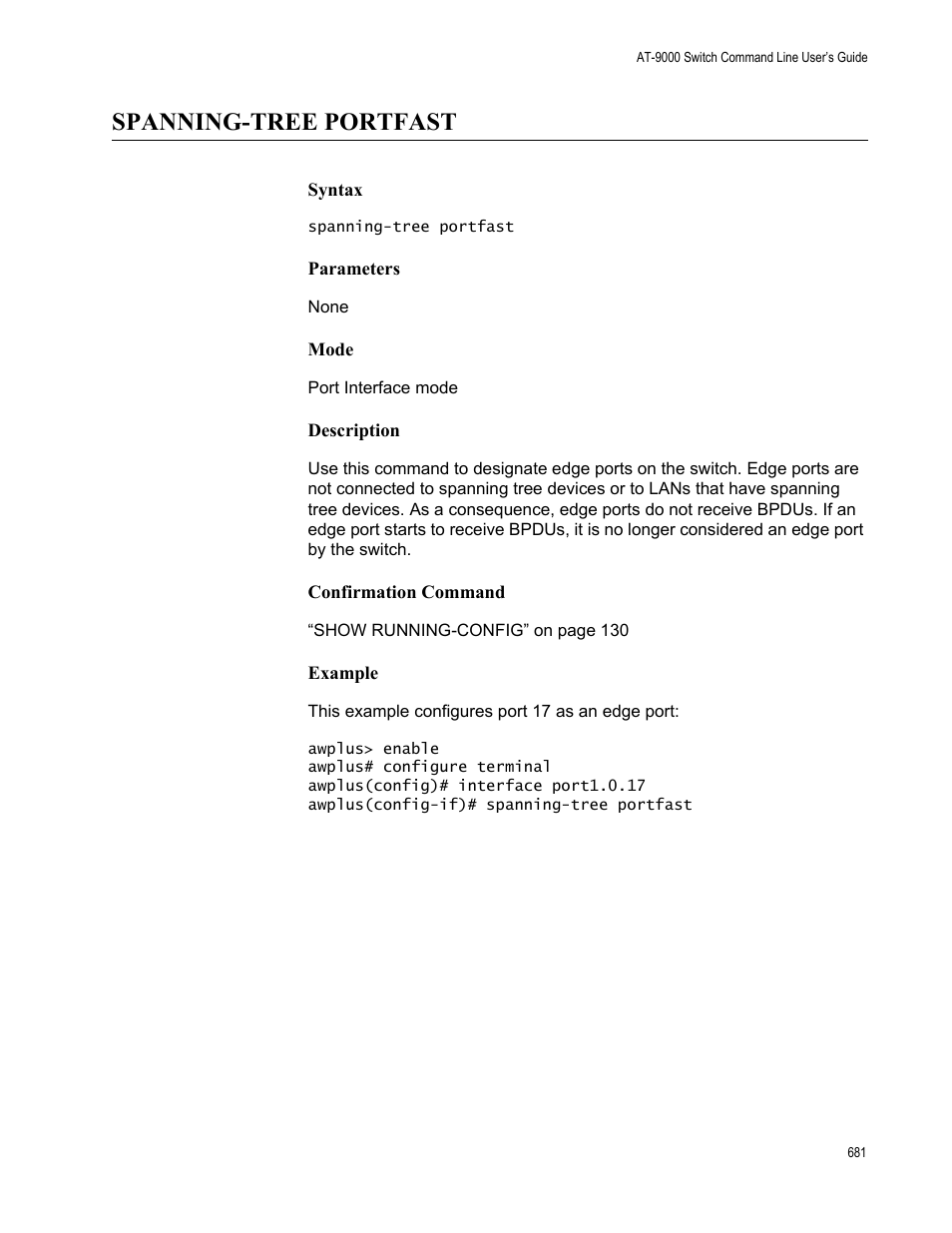 Spanning-tree portfast | Allied Telesis AT-9000 Series User Manual | Page 709 / 1480