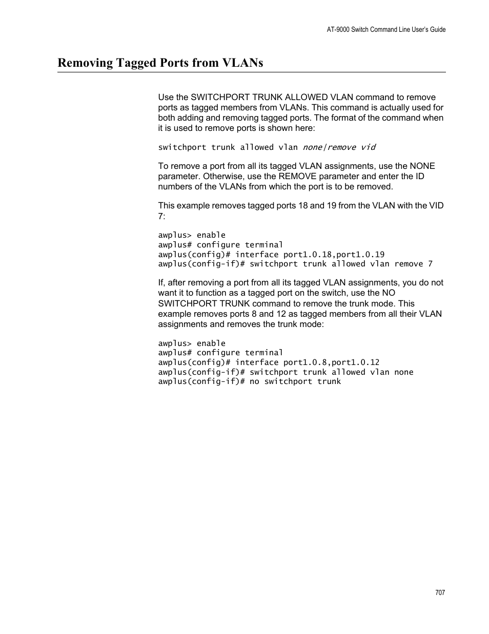 Removing tagged ports from vlans | Allied Telesis AT-9000 Series User Manual | Page 735 / 1480