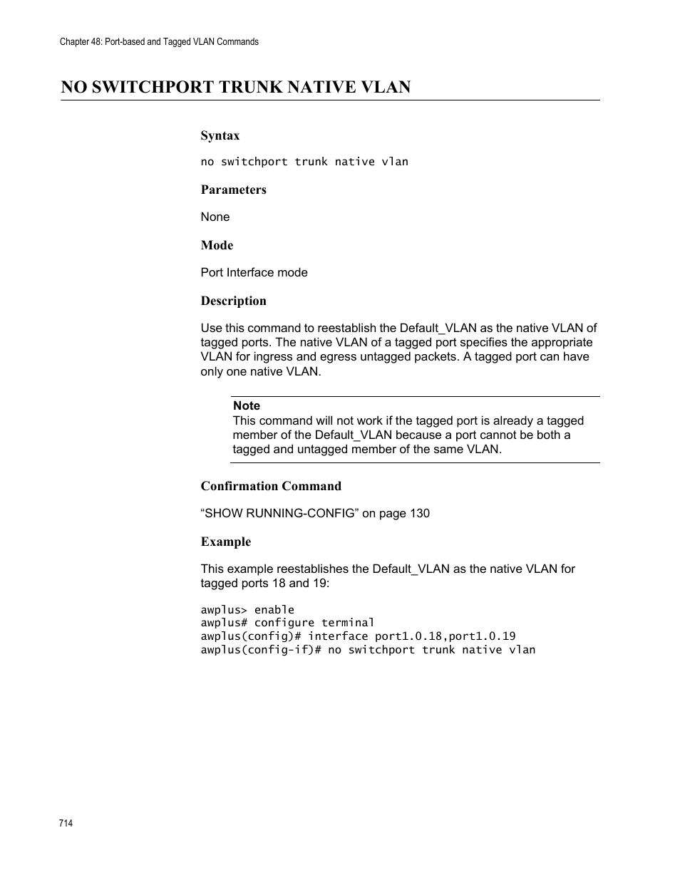 No switchport trunk native vlan | Allied Telesis AT-9000 Series User Manual | Page 742 / 1480