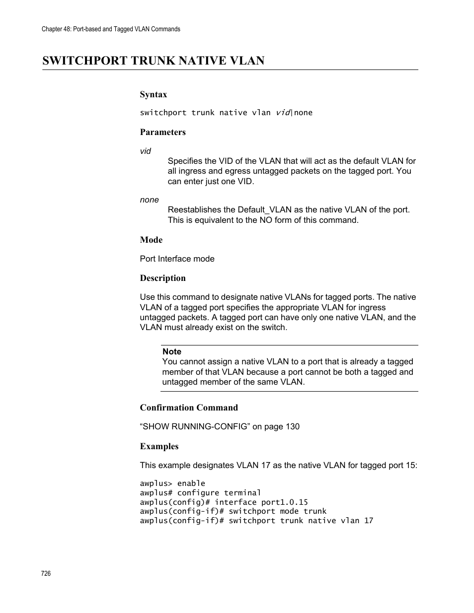 Switchport trunk native vlan | Allied Telesis AT-9000 Series User Manual | Page 754 / 1480