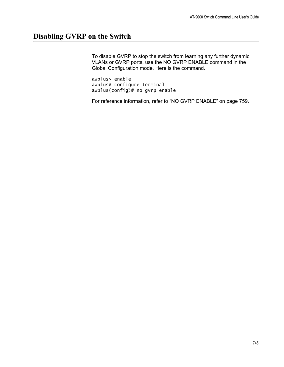 Disabling gvrp on the switch | Allied Telesis AT-9000 Series User Manual | Page 773 / 1480