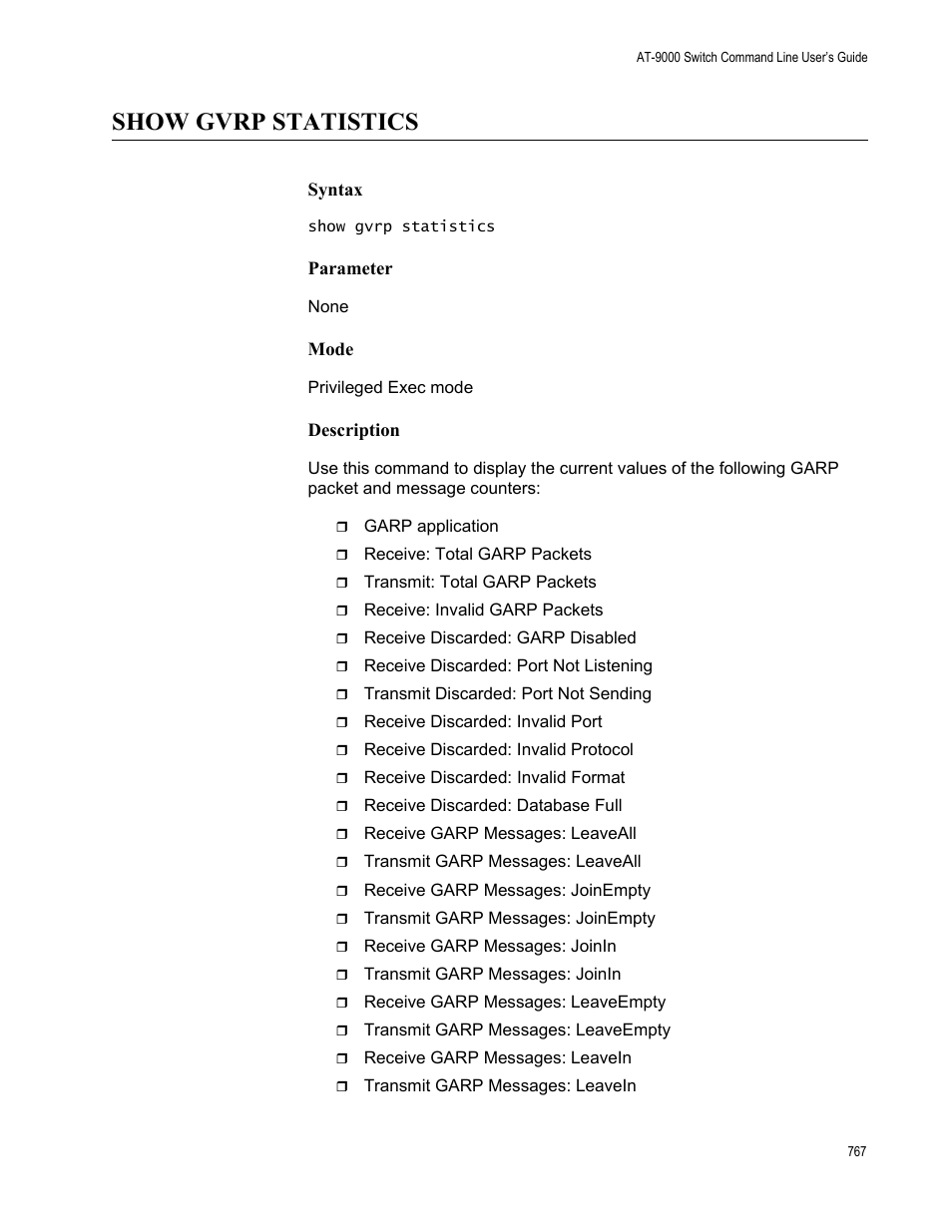 Show gvrp statistics | Allied Telesis AT-9000 Series User Manual | Page 795 / 1480