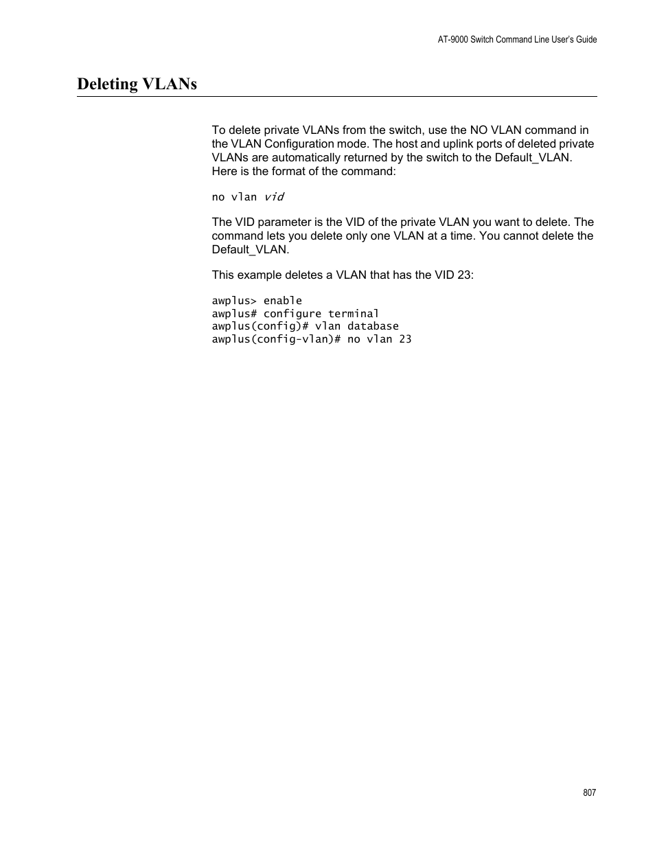 Deleting vlans | Allied Telesis AT-9000 Series User Manual | Page 835 / 1480