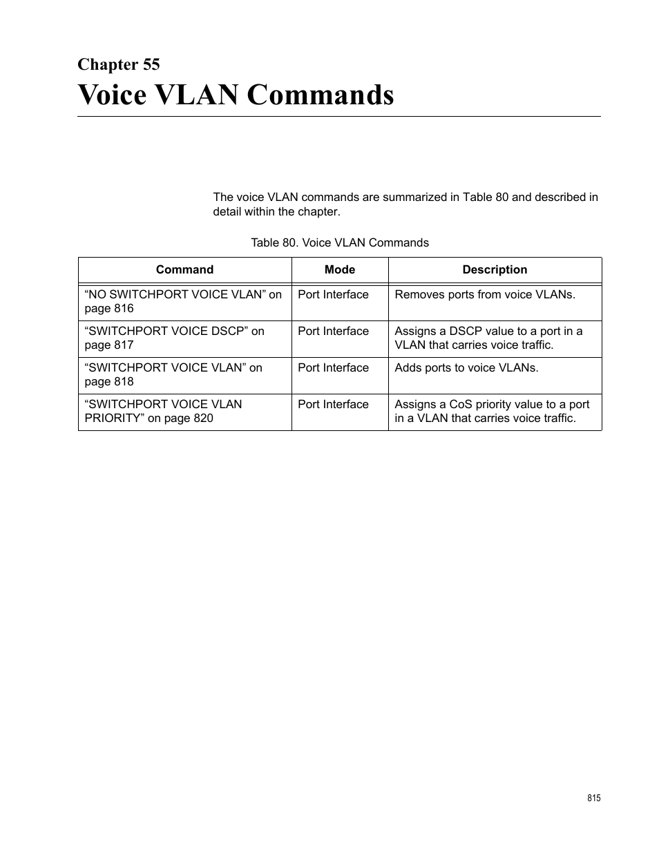 Chapter 55, Voice vlan commands, Table 80. voice vlan commands | Allied Telesis AT-9000 Series User Manual | Page 843 / 1480