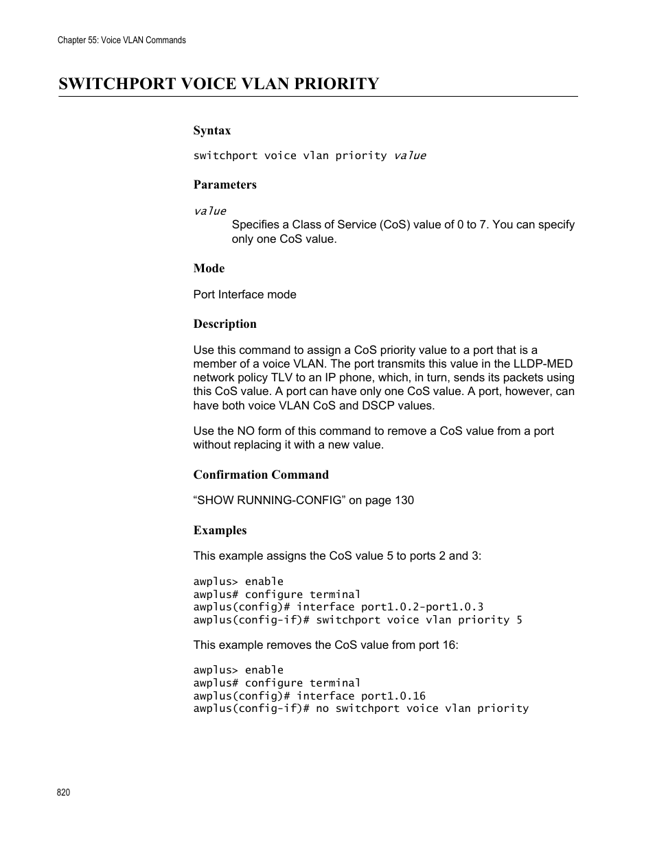 Switchport voice vlan priority | Allied Telesis AT-9000 Series User Manual | Page 848 / 1480